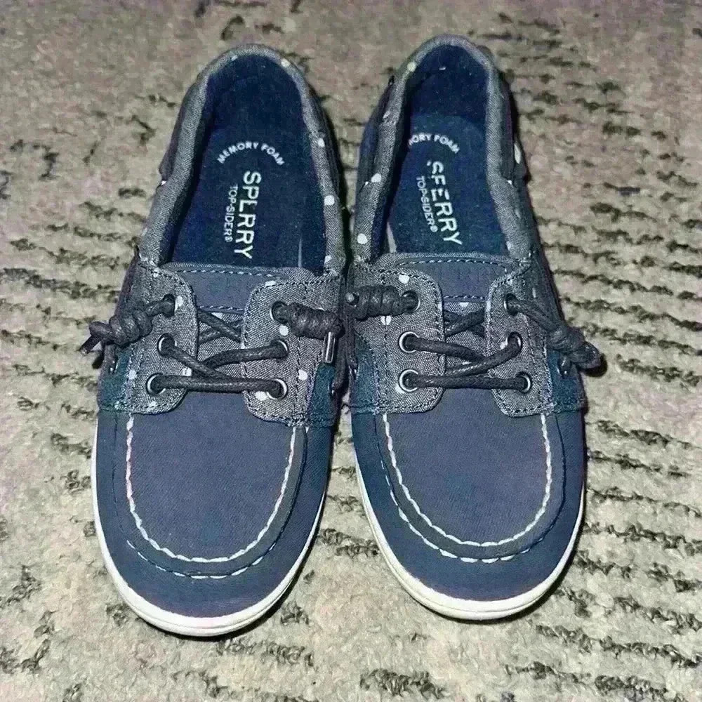 Girls Sperry Blue Polka Dot Leather Boat Shoes size 13.5